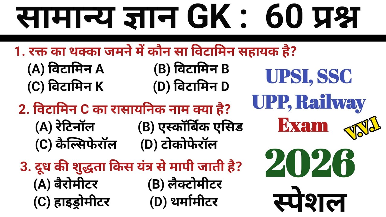 सामान्य ज्ञान GK 60 प्रश्न | General Knowledge | UPSI, UPP, SSC GD,  UP Police Constable, Exam 2026