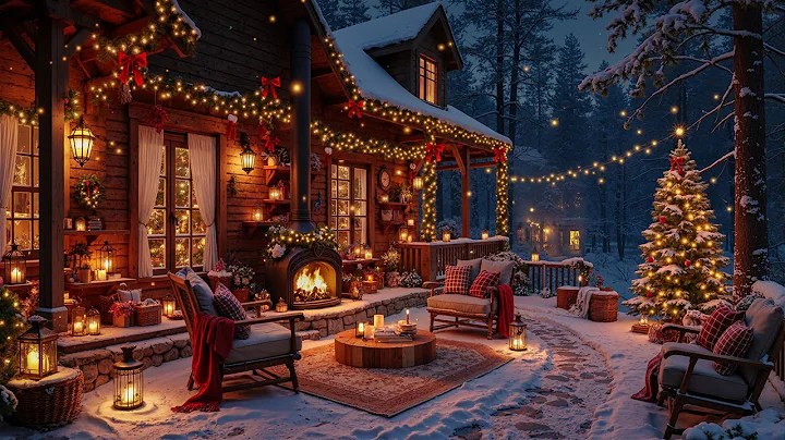 Snowfall in Cozy Christmas Cabin Ambience 🎅 Christmas Jazz Music & Fire Pit Sounds to Warm Holiday