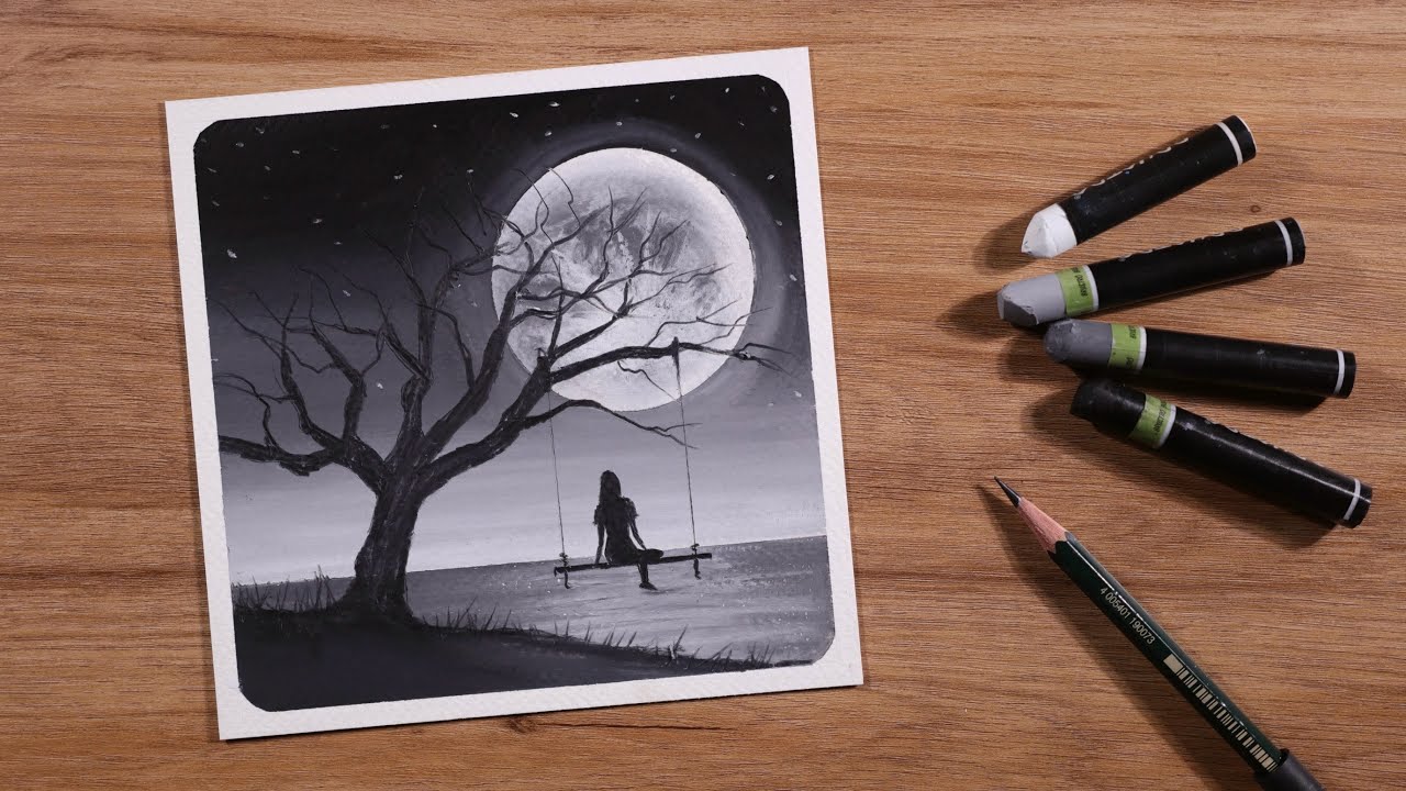 Beautiful Black and White Scenery / Drawing with Oil Pastels / Step by Step