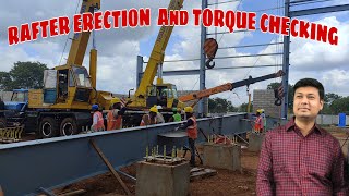 PEB rafter erection & bolt checking through torque machine 👷🏗️in construction site #structurework