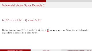 Celebrity MATH 3191: Example of Checking a Basis for Polynomial Vector Space Wealth