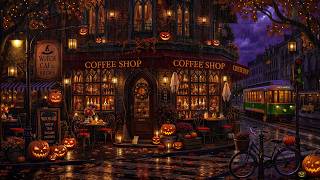 Scary Coffee Shop Street Halloween Ambience 🎃 Best Spooky Halloween Jazz,rain & Fall Leaves For Work