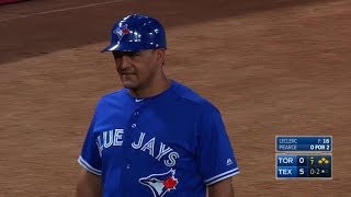 Tor@tex: pearce hits his third-base coach with foul