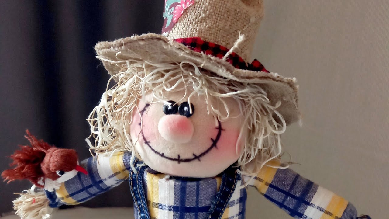 DIY Scarecrow made of fabric and plastic Home decor. Happy Halloween