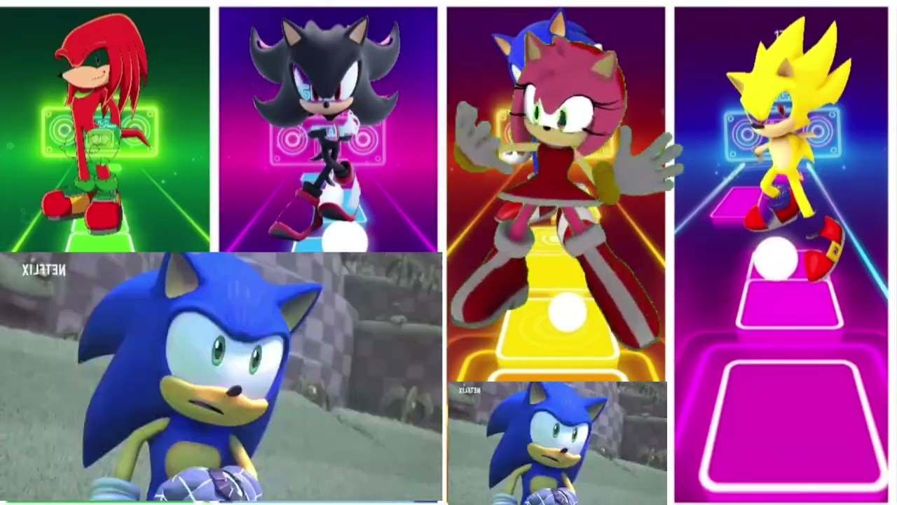 Sonic vs Shadow vs Knuckles vs Super Sonic  Neon Music Battle  Tiles Hop Gamep1