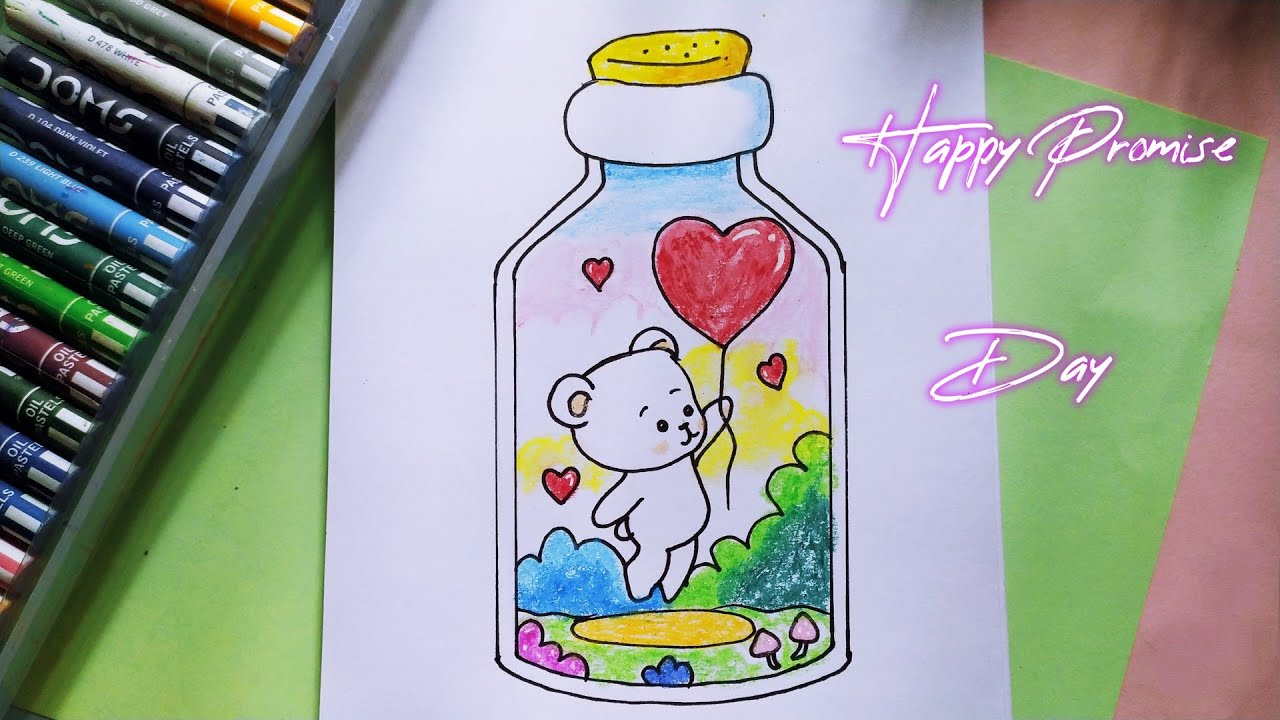 Promise Day Drawing / How to draw a Teddy in Bottle / Oil Pastel ...
