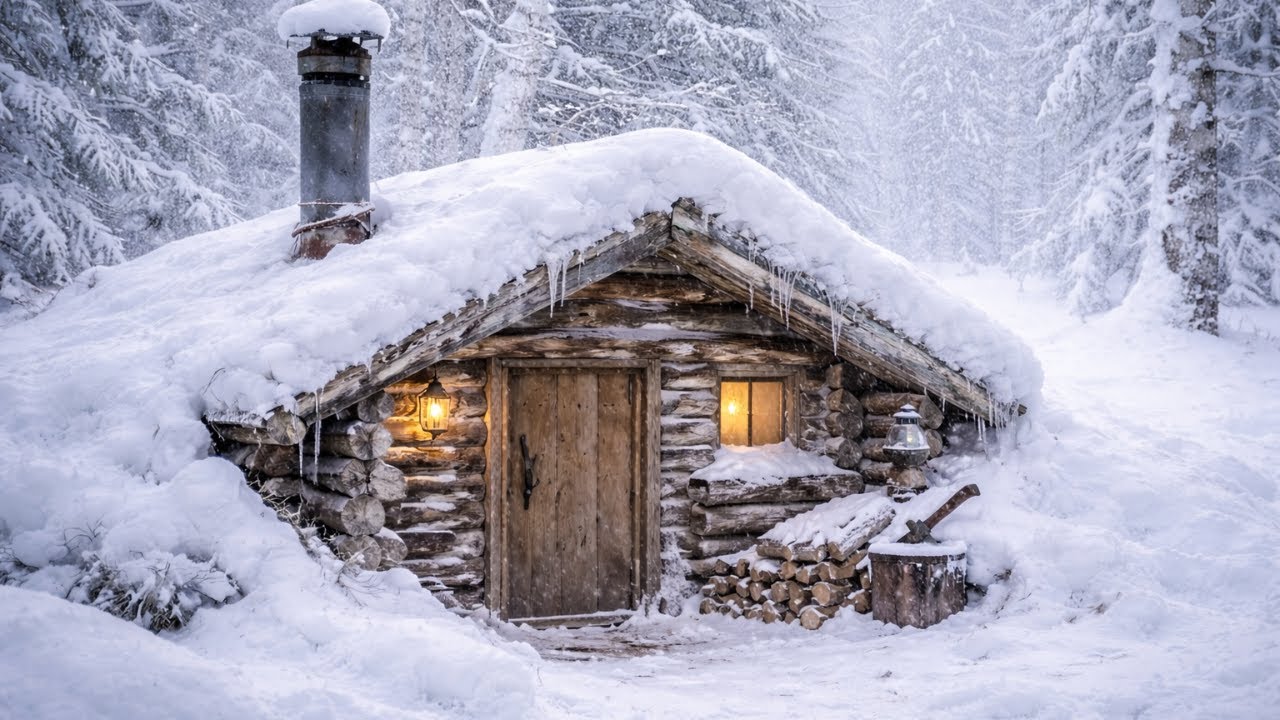 24 Hours Surviving Winter SNOWSTORM in an Off Grid Log Cabin | Extreme ...
