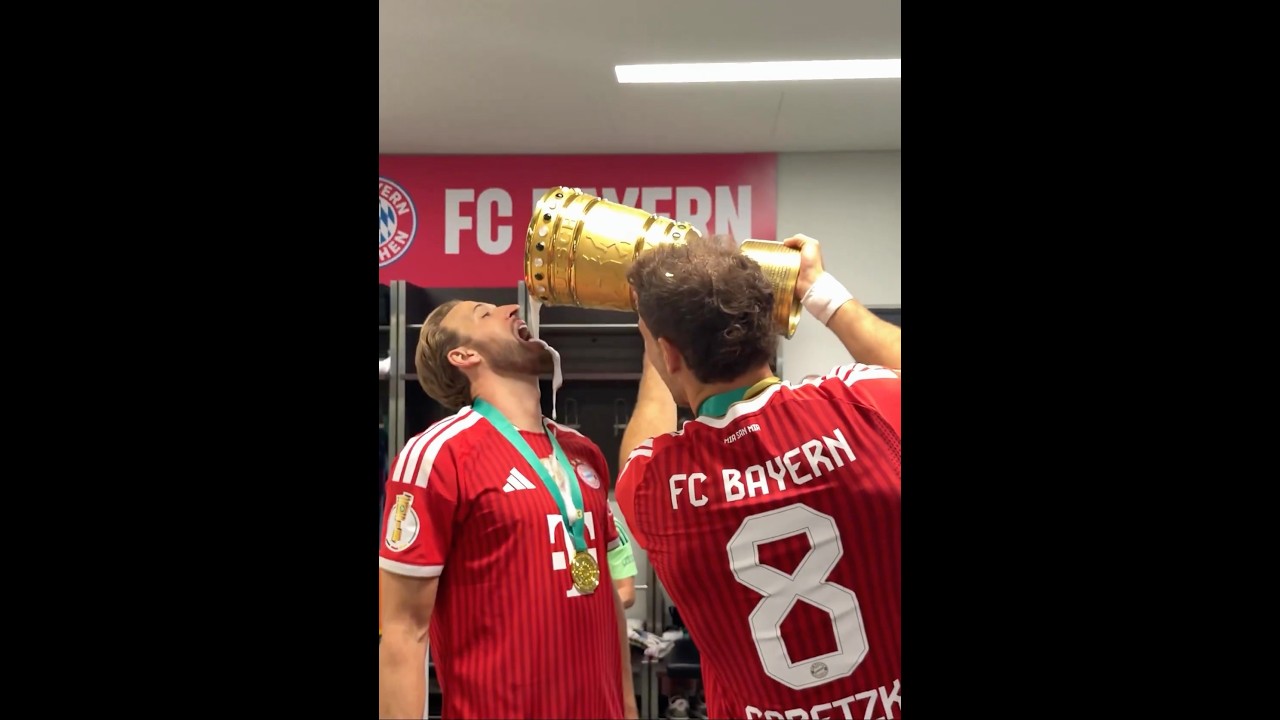 Leon Goretzka using the Pokal trophy to give beer to Harry Kane | Bayern 3-0 Stuttgart