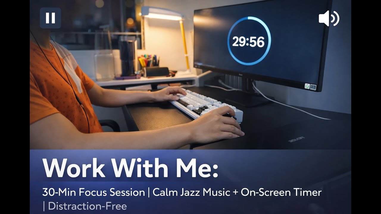 Work With Me: 30-Min Focus Session | Calm Jazz Music + On-Screen Timer | Distraction-Free