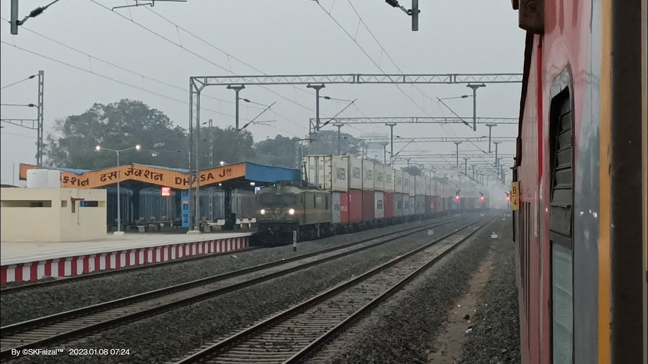 Crossing with Double Stack container freight train and departure from Dhasa Junction
