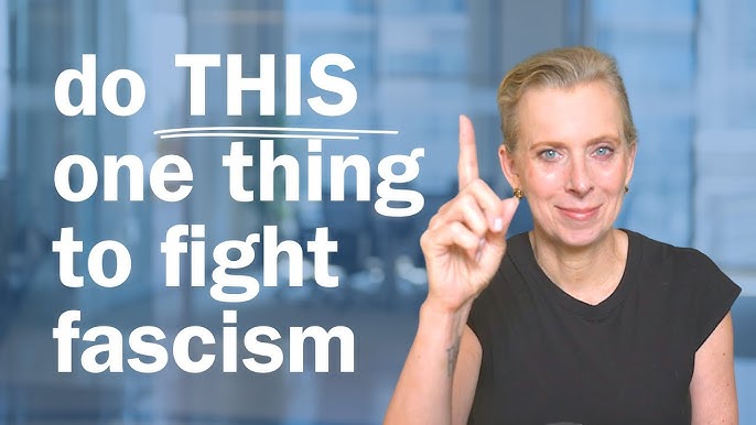 A person is raising a finger to emphasize a point, with the text "do THIS one thing to fight fascism" prominently displayed. The background is blurred, suggesting a conversational or instructional setting. A person is raising a finger to emphasize a point, with the text "do THIS one thing to fight fascism" prominently displayed. The background is blurred, suggesting a conversational or instructional setting.