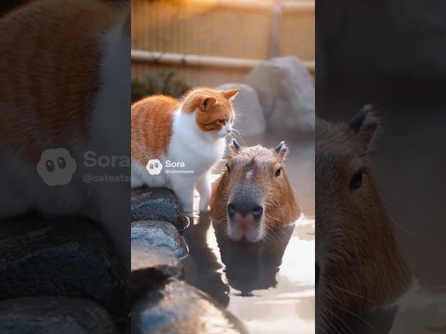 【#Animals】猫とカピバラのほっこり露天風呂タイム🐱♨️🦔 | Cat & Capybara Relaxing in a Hot Spring #shorts