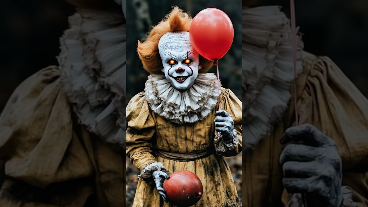 Creepy Halloween Clown Holding Red Balloon in Forest