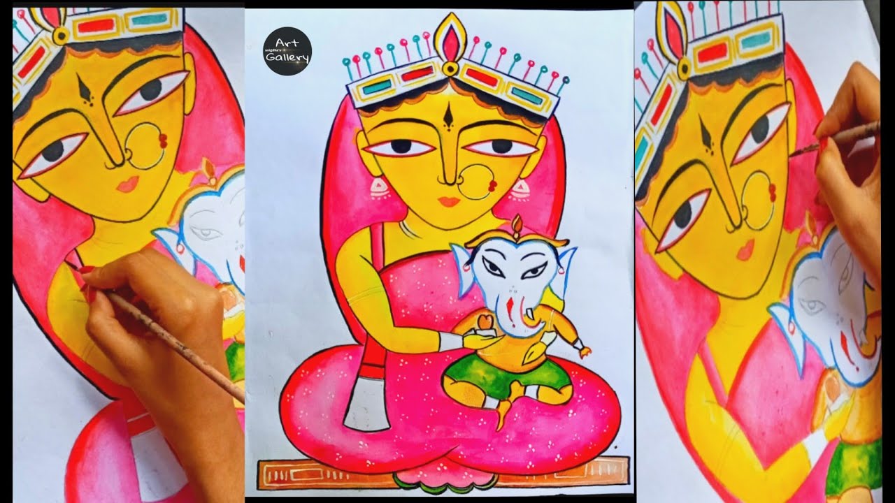 Maa Durga . Jamini Roy Painting Tutorial Using water colours. snigdha's art gallery.