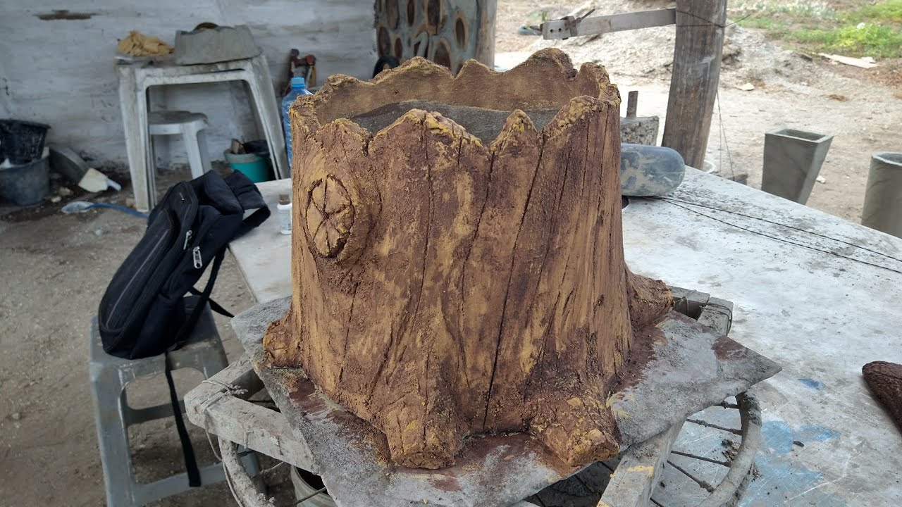 vaso de cimento estilo tronco de árvore