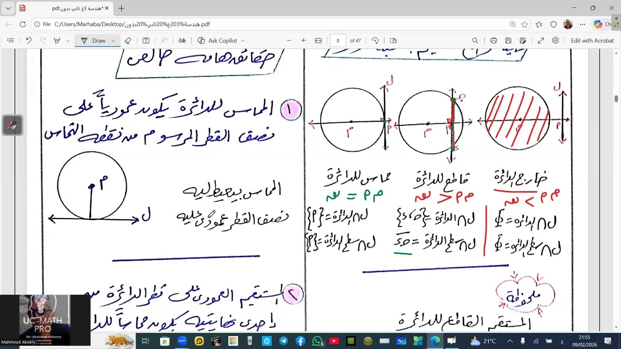 اوضاع نقطه ومستقيم ودائره بالنسبه لدائره