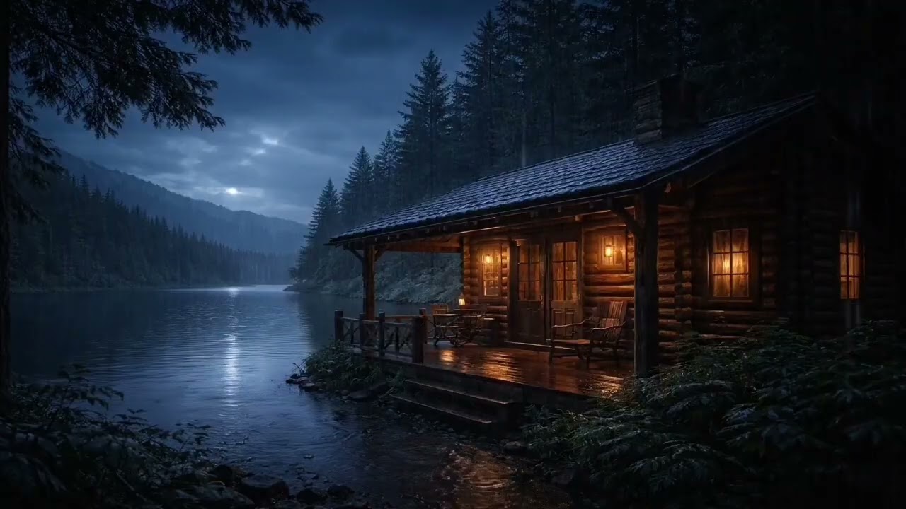 Rain on Lakeside Cabin Porch at Night 🌧️ | Cozy Lake Rain Sounds for Deep Sleep (4 Hours)