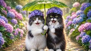 雨の紫陽花の小路を仲よくお散歩するニャンコ Hydrangea and two cats