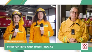 Firefighters and their trucks