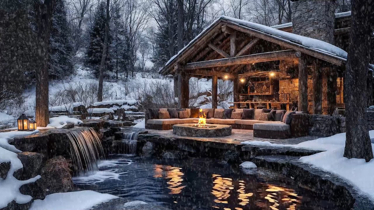 ASMR Cozy Gazebo Ambience 😴⛄ Waterfall, Fire Pit & Gentle Snowfall | For Deep Sleep & Relaxation