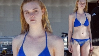 Bikini babe Elle Fanning in blue swimsuit while filming her upcoming crime thriller Galve