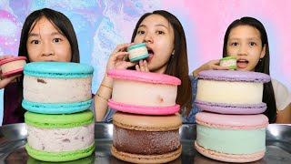 MUKBANG ICE CREAM MACARON SANDWICH CHOCOLATE, BUBBLE GUM, GREEN TEA, TARO, STRAWBERRY