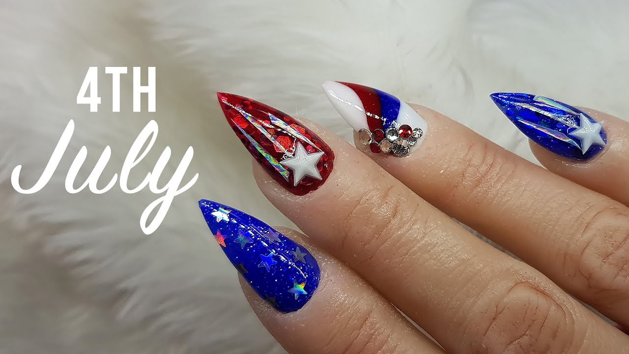 4th July Acrylic Nail Design Pointed Almond Nail Art Youtube