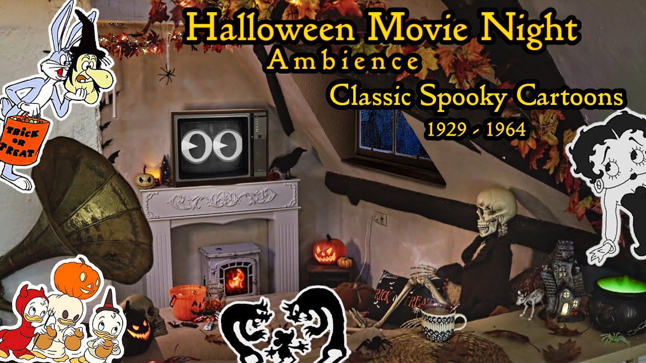 Halloween Movie Night Ambience Classic Spooky Cartoons with cozy Fireplace and relaxing Rain Sounds