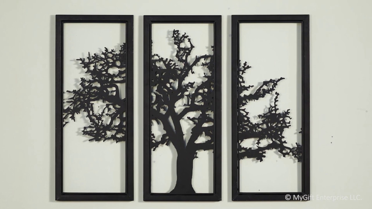 MyGift Wall Art Decor 3 Piece Black Metal Tree of Life Matte Frame