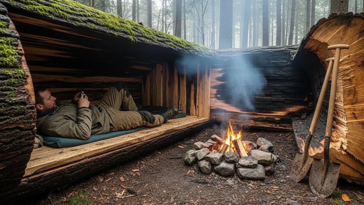 Man Builds a Cozy Secret Shelter Inside a Giant Tree Trunk in the Amazon Rainforest