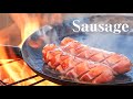 焚き火でソーセージ料理とチーズフォンデュ