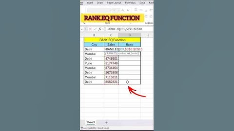 How to Use RANK.EQ Function in Excel #exceltips #excelshorts #exceltricks #shorts #shortvideo #job