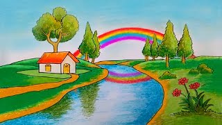 Cara menggambar pemandangan alam- Menggambar pelangi di pagi hari