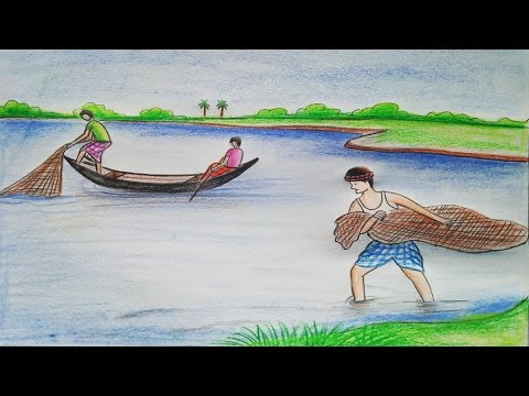 How To Draw Scenery Of Fishing Step By Step Art Video