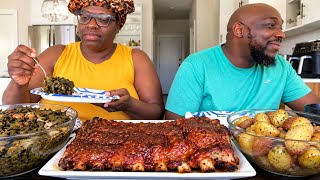 🔥 ST. LOUIS BBQ RIBS, COLLARD GREENS & CREAMER POTATOES | FAMILY MUKBANG
