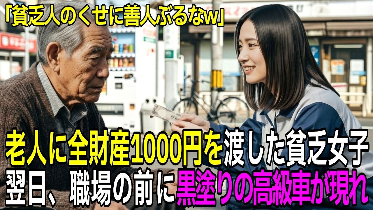 財布をなくした老人に全財産1000円を渡した貧乏女子、翌日職場の前に黒塗りの高級車が現れ借金取りが顔面蒼白に…【感動する話】