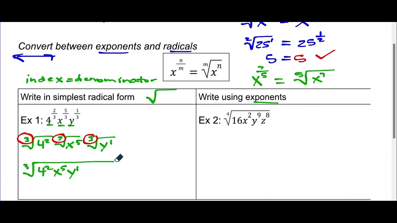 7.2 Convert between exponents and radicals - YouTube