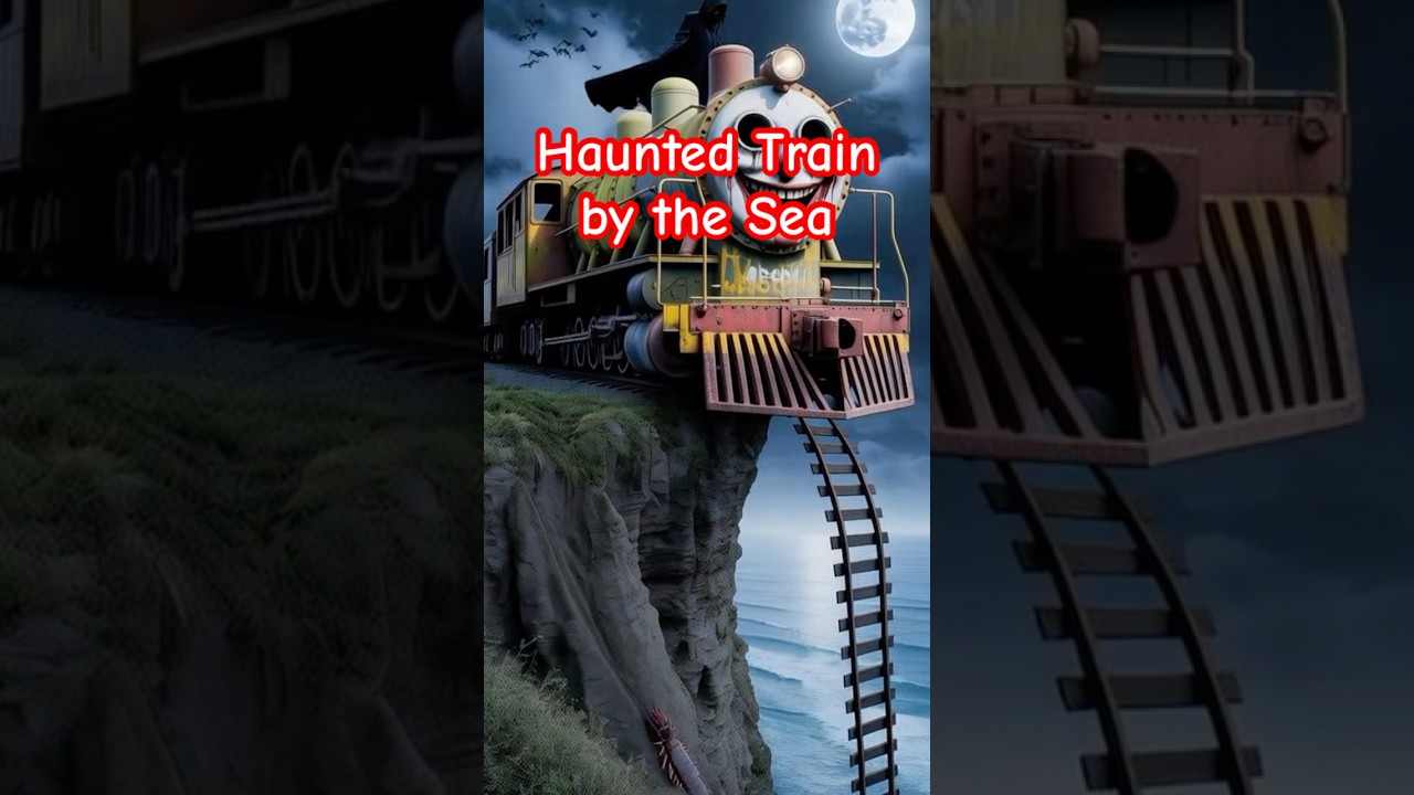 a cloaked man walks atop a clown-faced train 