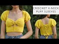 Easy Crochet V Neck Puff Sleeves Top Tutorial | Chenda DIY