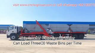 Foton 8cbm skip loader garbage truck with 2 bins carrier trailer, one time transport can load 3 bins