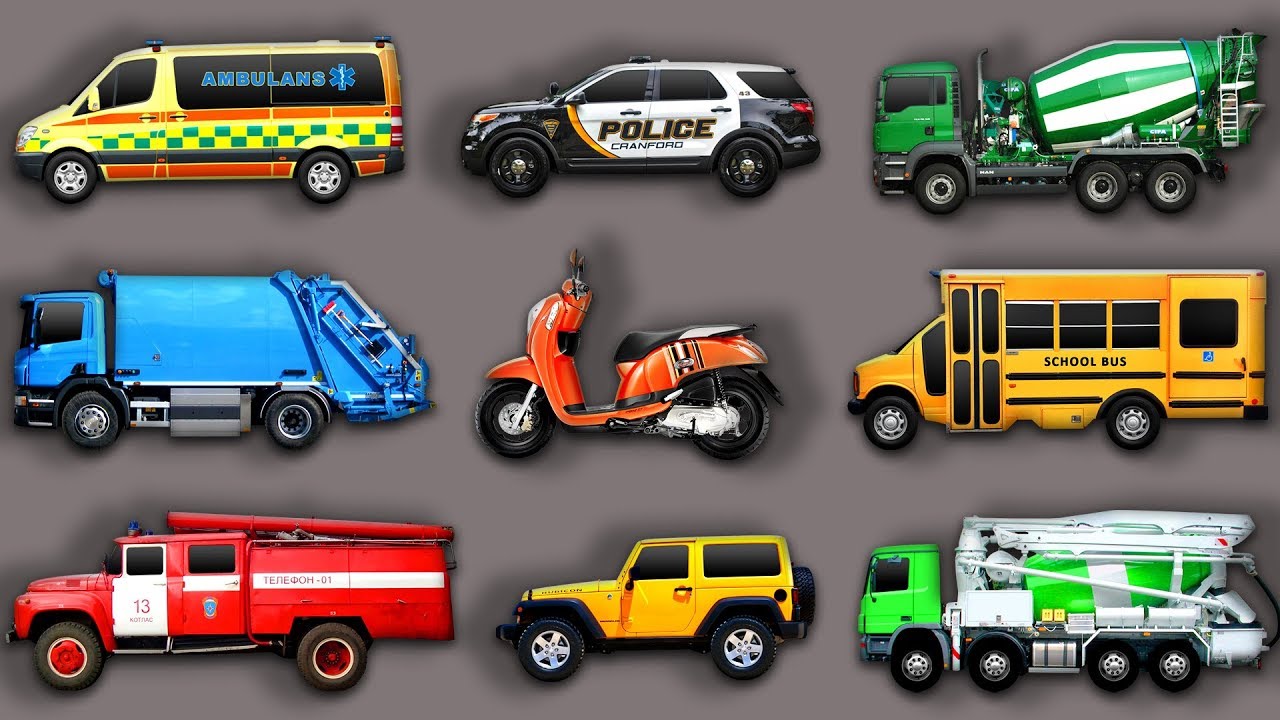 Learning street vehicles for kids. Cars and trucks: ambulance, fire truck, police car, school
