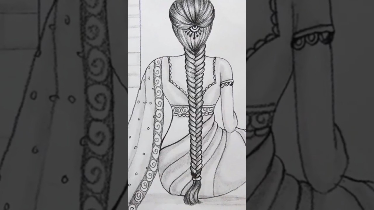 TRADITIONAL WOMAN WITH BEAUTIFUL LONG HAIR PENCIL SKETCH  