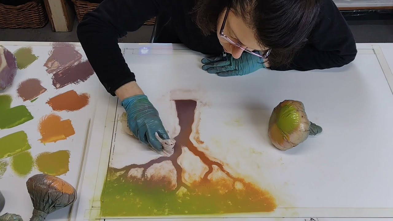 Multi-colour monotype monoprint garden composition with paper stencils