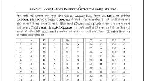 HPSSSB LABOUR INSPECTOR, POST CODE-689 OFFICIAL ANSWER KEY RELEASED || LATEST UPDATE