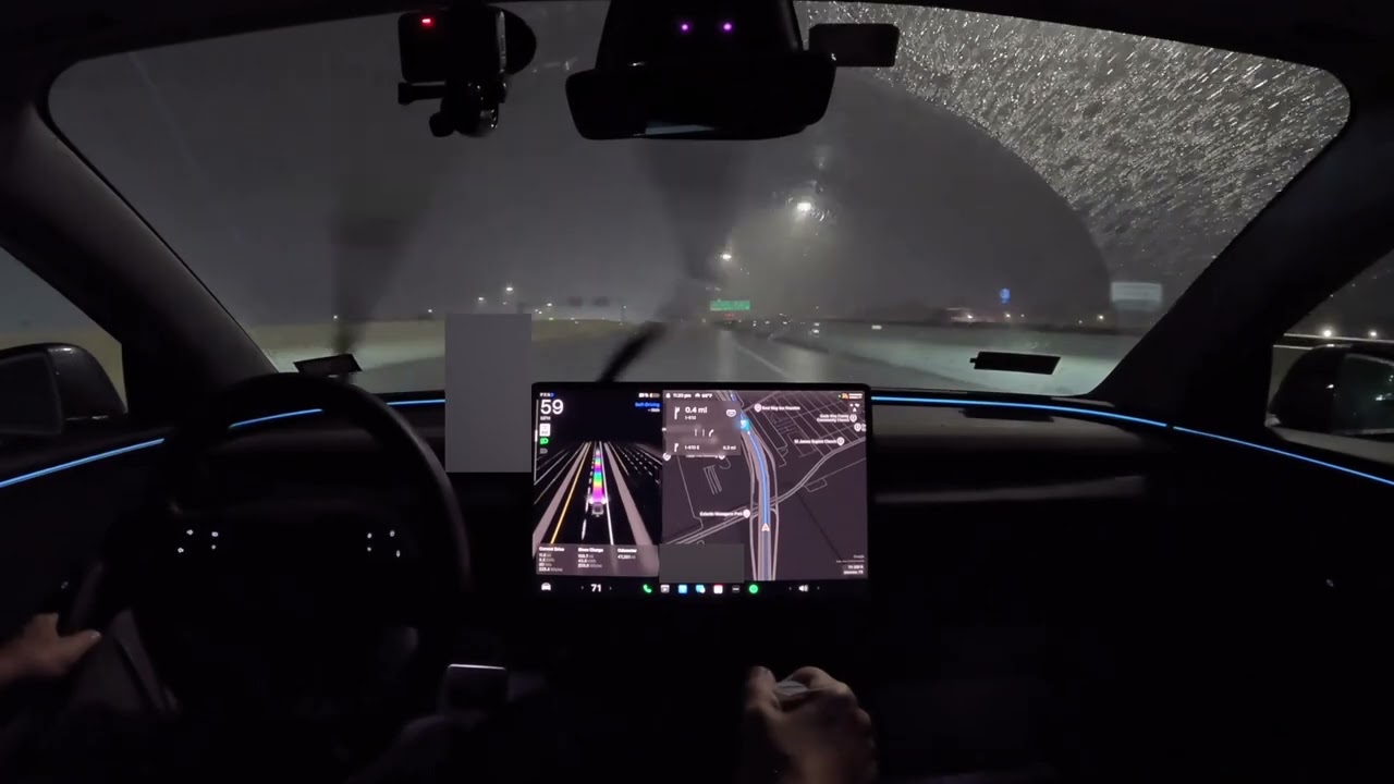 Tesla FSD 14.1.3 handles thunderstorm in Houston