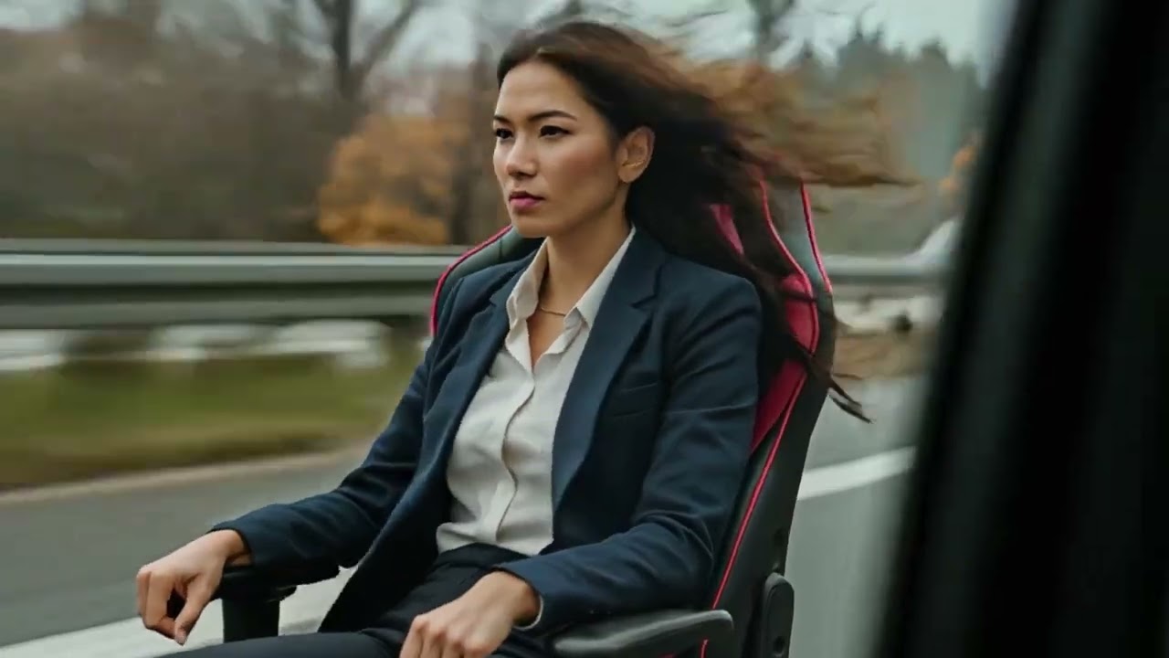 Pretty girl zooming past on a roller chair like a train