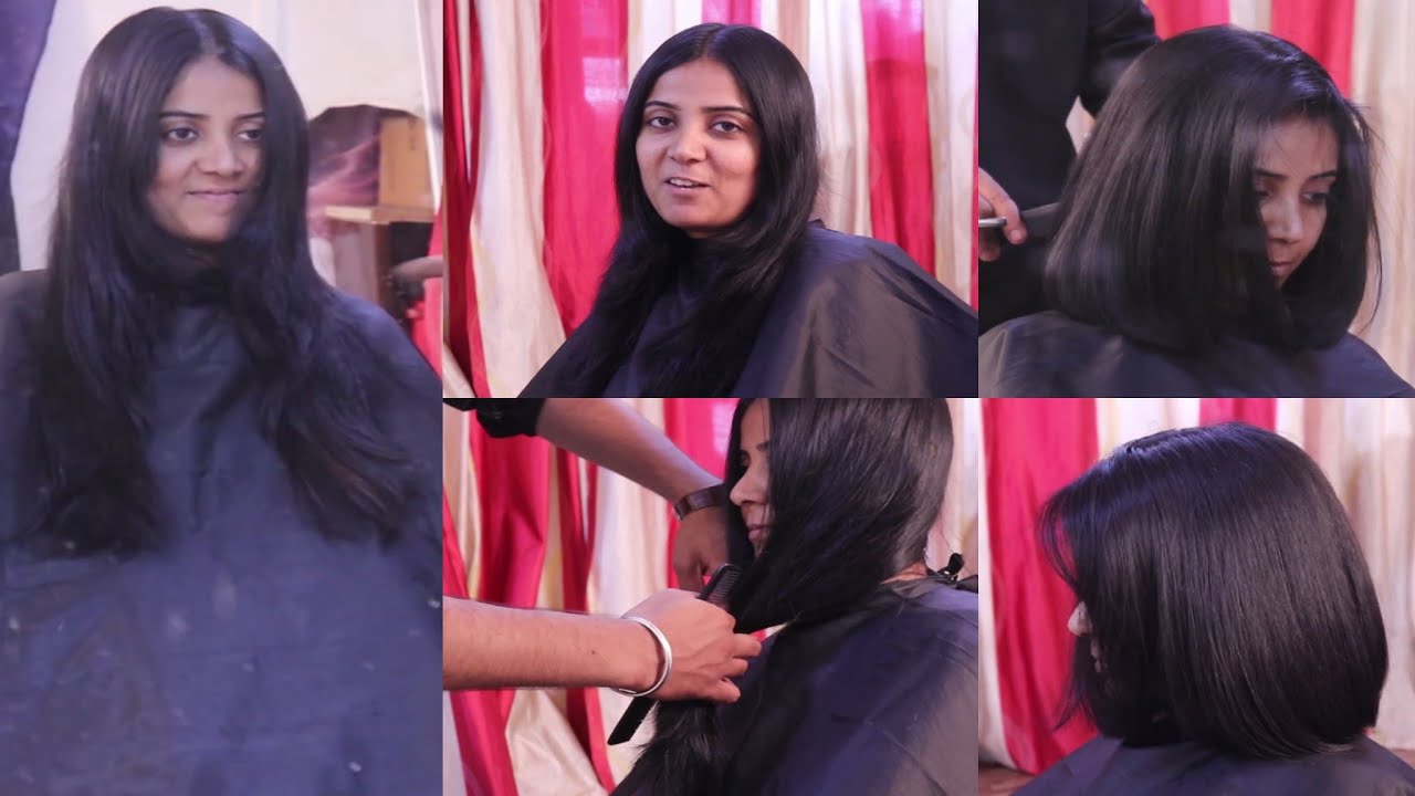 Woman Long To Short Blunt Haircut