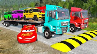 Double Flatbed Trailer Truck vs Speedbumps Train vs Cars Tractor vs Train Beamng.Drive