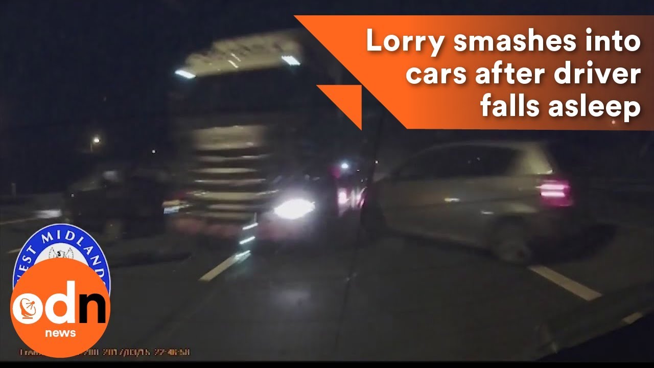 Lorry smashes into cars after driver falls asleep - YouTube