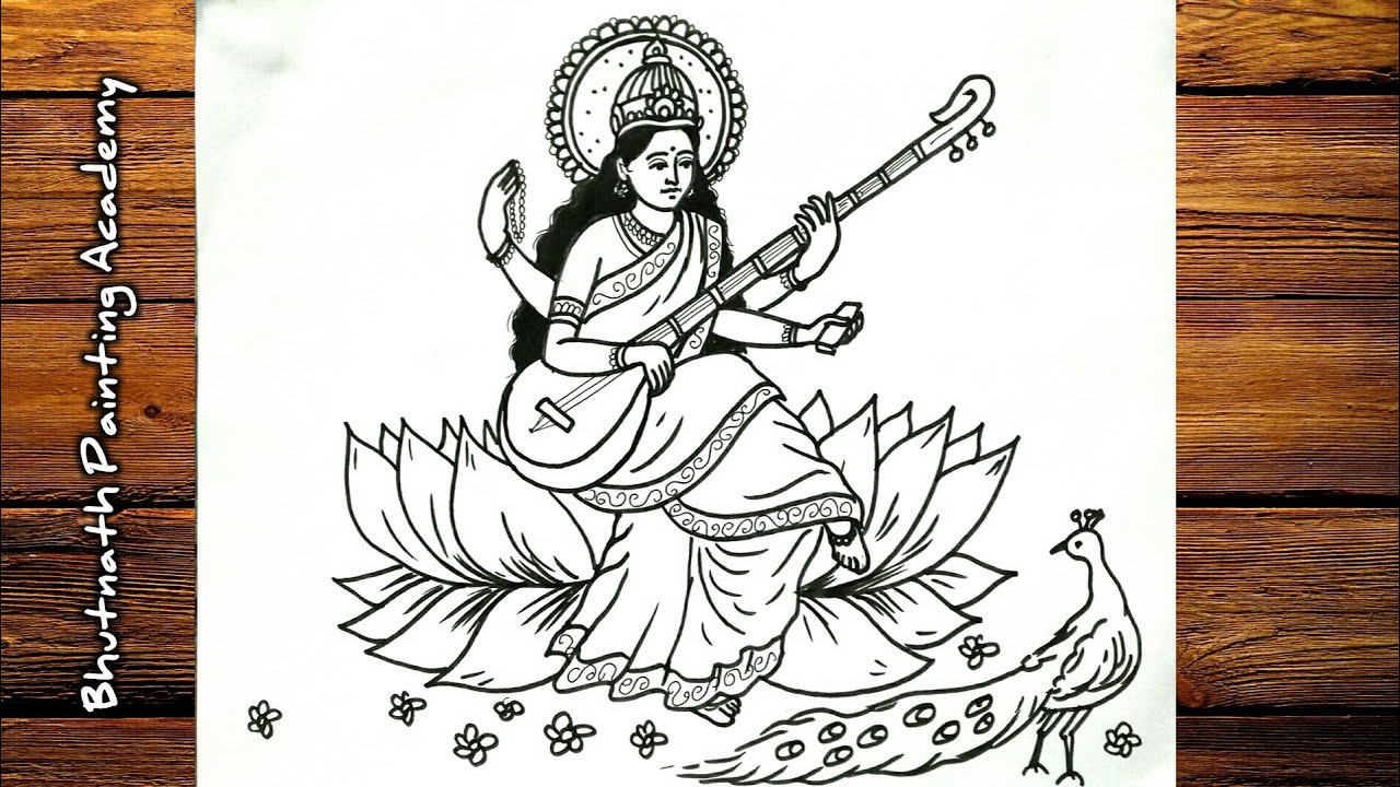 Happy basant panchami - greeting card to indian holiday with goddess  saraswati sits on the lotus lotus and playing on veena, | CanStock